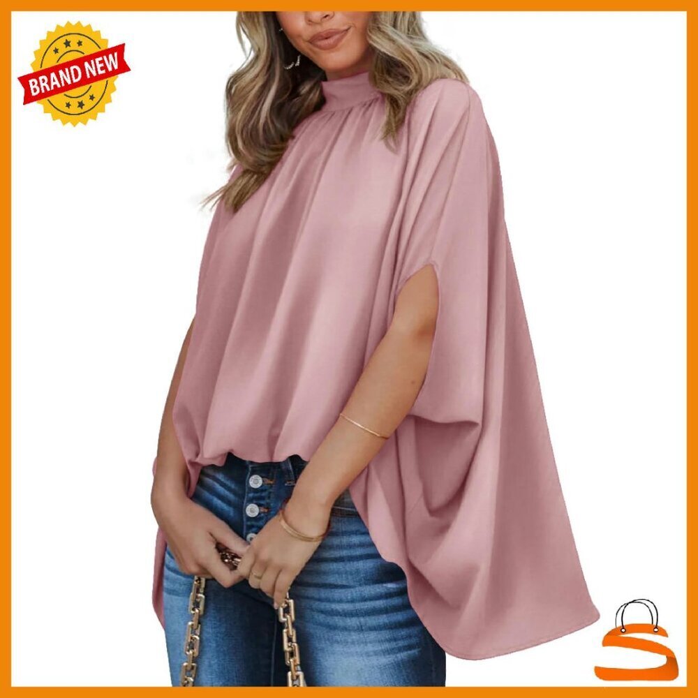 Mock Neck Batwing Sleeve Blouse Loose Fit High Low Hem Oversized